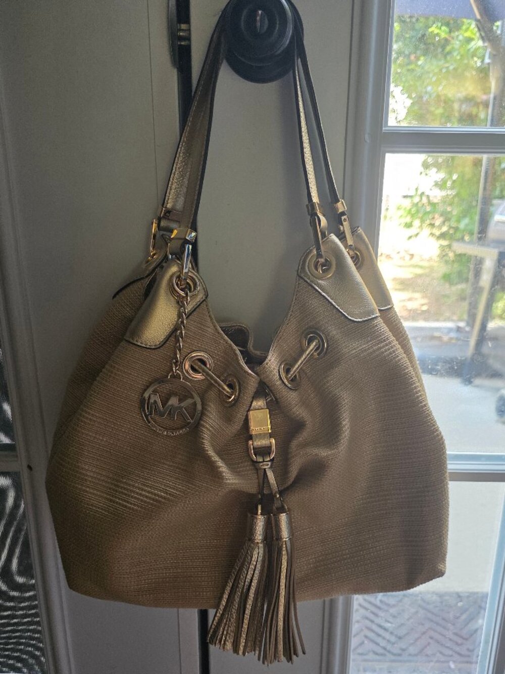 RARE 2024 Michael Kors Gold Tweed Camden Hobo Bag (Comes with MK Cosmetic Bag)